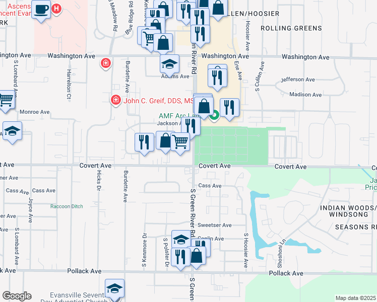 map of restaurants, bars, coffee shops, grocery stores, and more near 1521 South Green River Road in Evansville