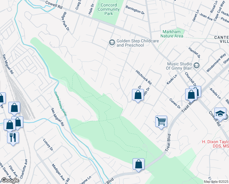map of restaurants, bars, coffee shops, grocery stores, and more near 3777 Emery Court in Concord