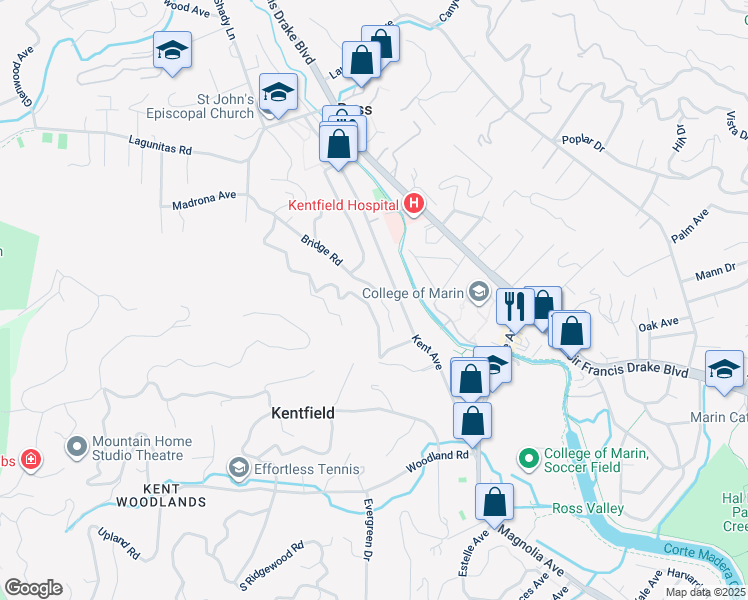 map of restaurants, bars, coffee shops, grocery stores, and more near 9 Bridge Road in Kentfield