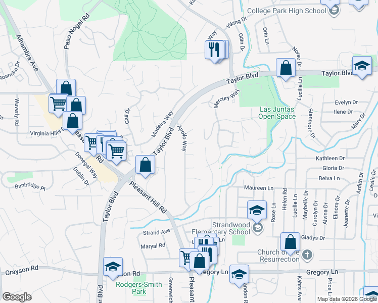 map of restaurants, bars, coffee shops, grocery stores, and more near 11 Lindsey Court in Pleasant Hill