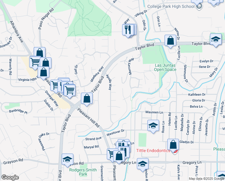 map of restaurants, bars, coffee shops, grocery stores, and more near 11 Lindsey Court in Pleasant Hill