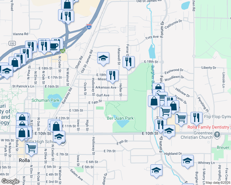map of restaurants, bars, coffee shops, grocery stores, and more near 1504 Martin Street in Rolla