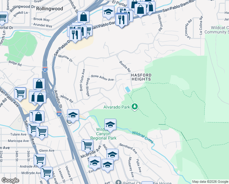 map of restaurants, bars, coffee shops, grocery stores, and more near 5947 Harbor View Avenue in San Pablo