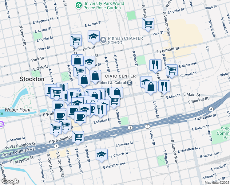 map of restaurants, bars, coffee shops, grocery stores, and more near 144 North Grant Street in Stockton