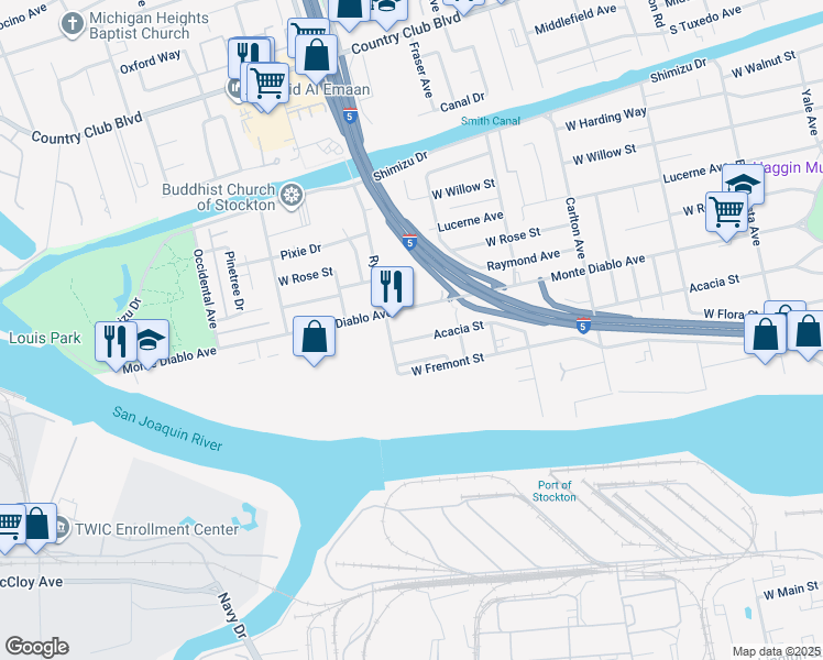 map of restaurants, bars, coffee shops, grocery stores, and more near 2611 Acacia Street in Stockton