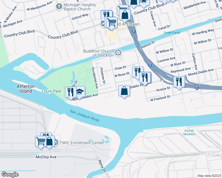 map of restaurants, bars, coffee shops, grocery stores, and more near 2915 Monte Diablo Avenue in Stockton