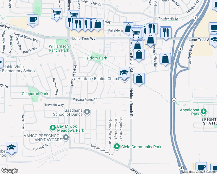map of restaurants, bars, coffee shops, grocery stores, and more near 5464 Alvar Loop in Antioch