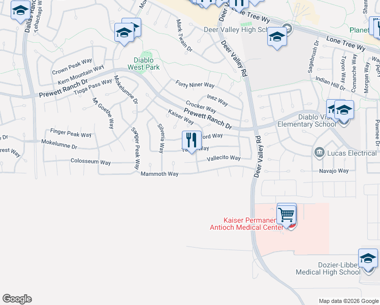 map of restaurants, bars, coffee shops, grocery stores, and more near 2478 Taylor Way in Antioch