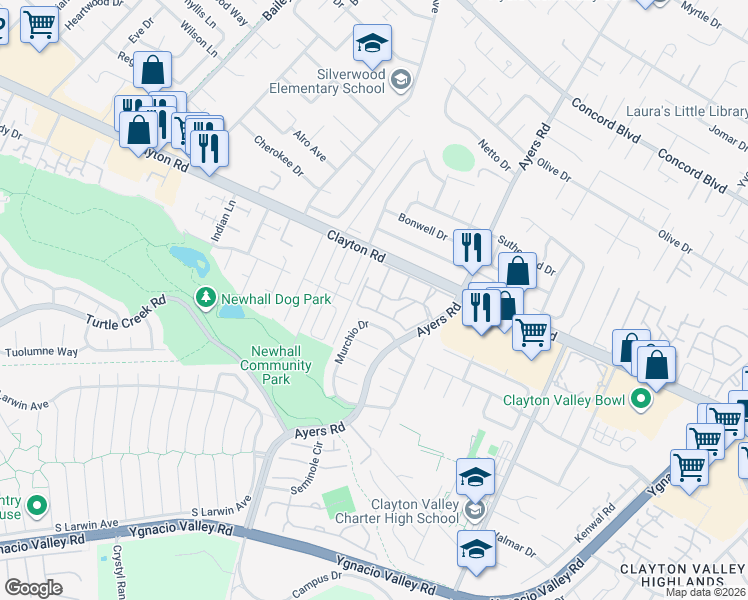 map of restaurants, bars, coffee shops, grocery stores, and more near 5030 Valley Crest Drive in Concord