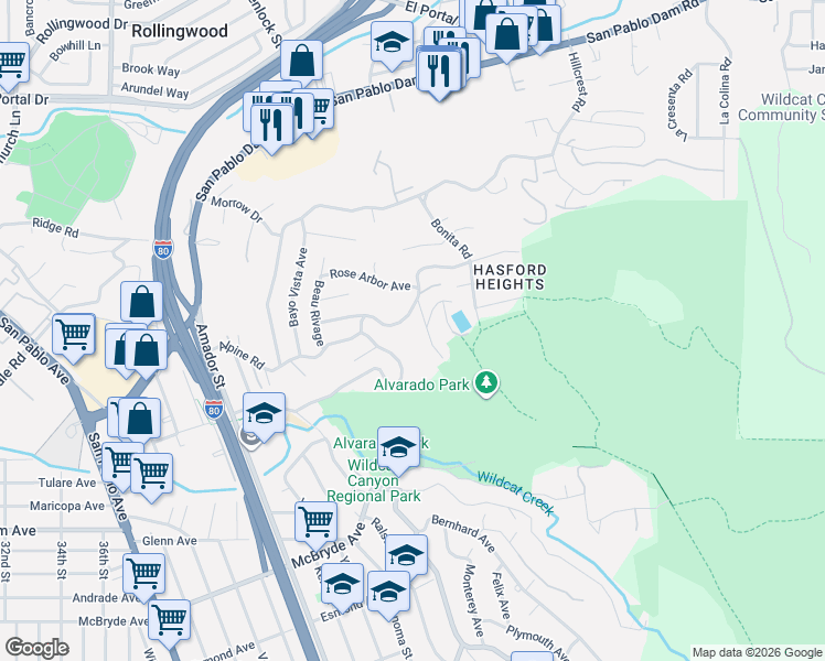 map of restaurants, bars, coffee shops, grocery stores, and more near 5947 Harbor View Avenue in San Pablo