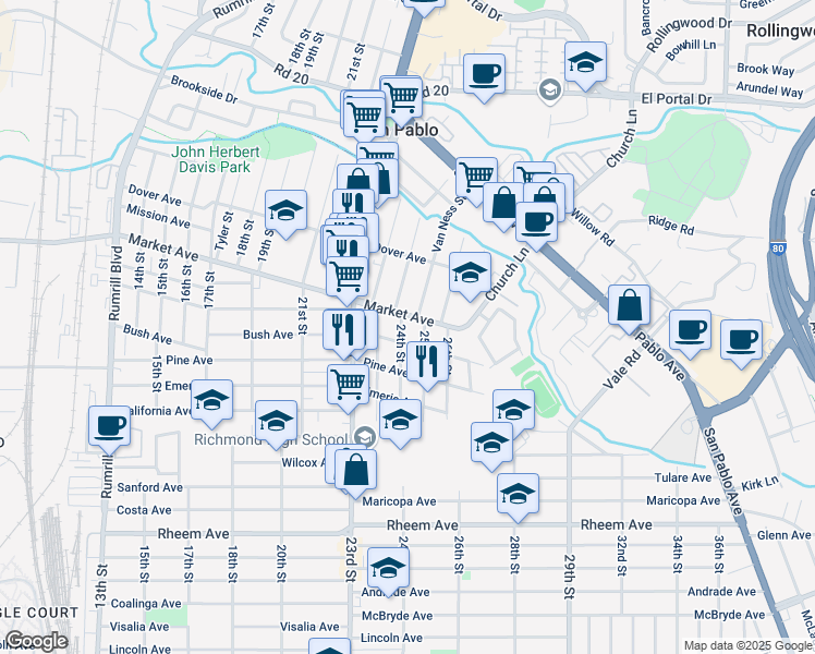 map of restaurants, bars, coffee shops, grocery stores, and more near 2488 Market Avenue in San Pablo