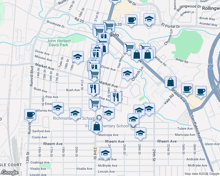 map of restaurants, bars, coffee shops, grocery stores, and more near 1616 Hayes Street in Richmond
