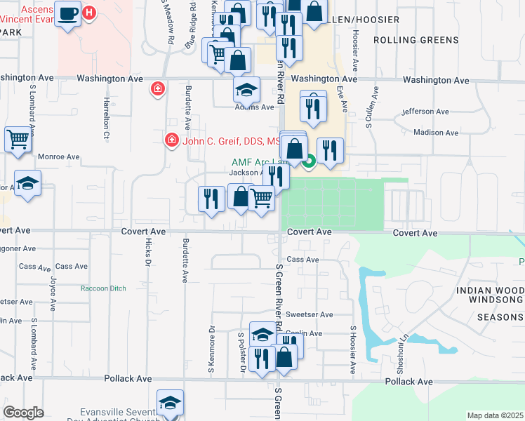 map of restaurants, bars, coffee shops, grocery stores, and more near 1521 South Green River Road in Evansville