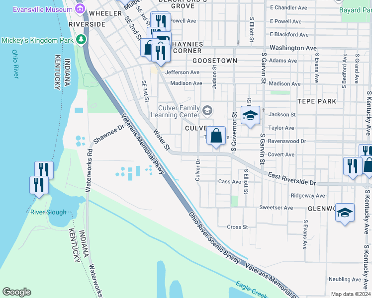 map of restaurants, bars, coffee shops, grocery stores, and more near 1520 Howard Street in Evansville
