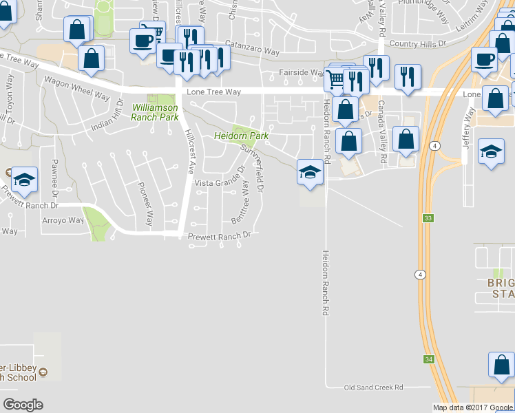 map of restaurants, bars, coffee shops, grocery stores, and more near 5471 Summerfield Drive in Antioch