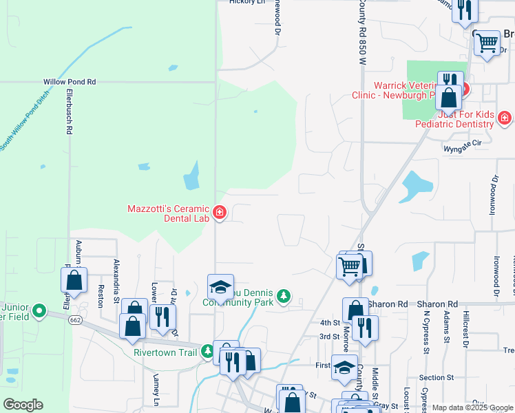 map of restaurants, bars, coffee shops, grocery stores, and more near 5422 Bice Place in Newburgh