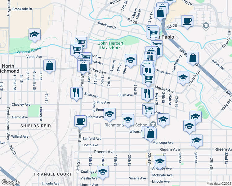 map of restaurants, bars, coffee shops, grocery stores, and more near 1743 Bush Avenue in San Pablo