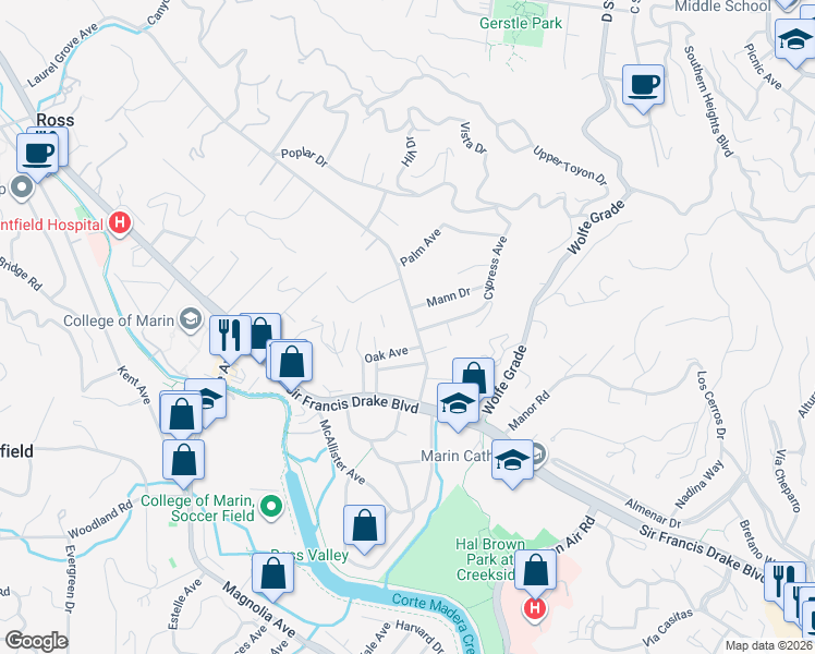 map of restaurants, bars, coffee shops, grocery stores, and more near 39 Laurel Grove Avenue in Kentfield
