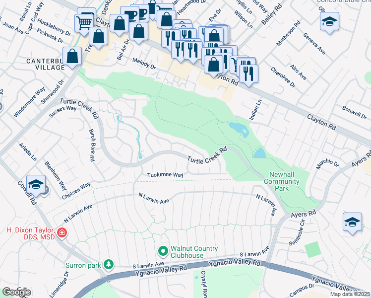 map of restaurants, bars, coffee shops, grocery stores, and more near 4570 Wildcat Lane in Concord