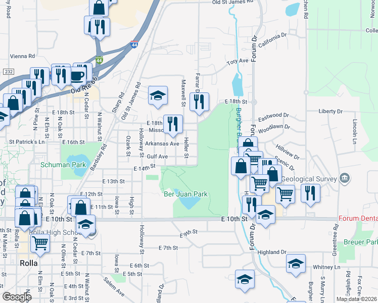 map of restaurants, bars, coffee shops, grocery stores, and more near 1504 Heller Street in Rolla