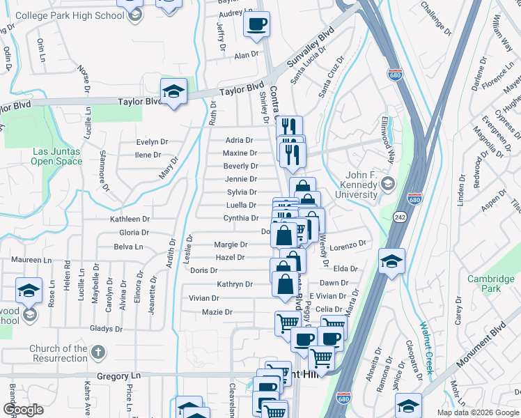 map of restaurants, bars, coffee shops, grocery stores, and more near 113 Luella Drive in Pleasant Hill