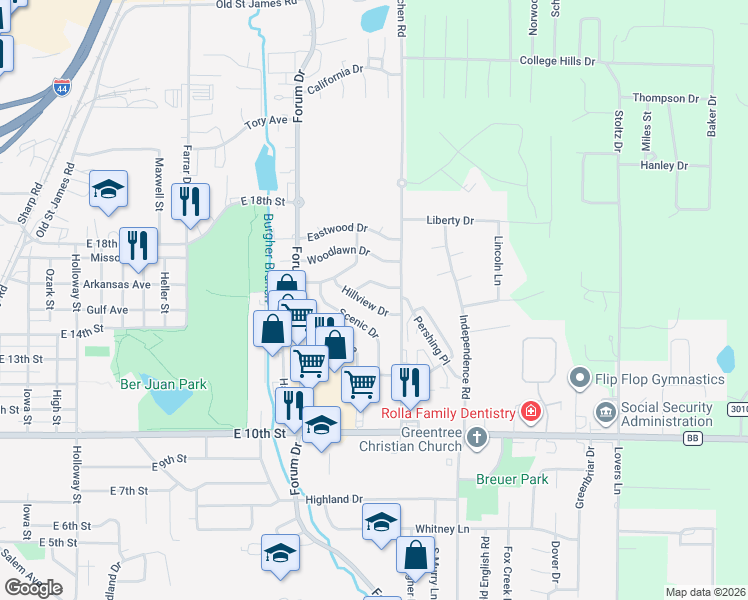 map of restaurants, bars, coffee shops, grocery stores, and more near 1317 Hillview Drive in Rolla