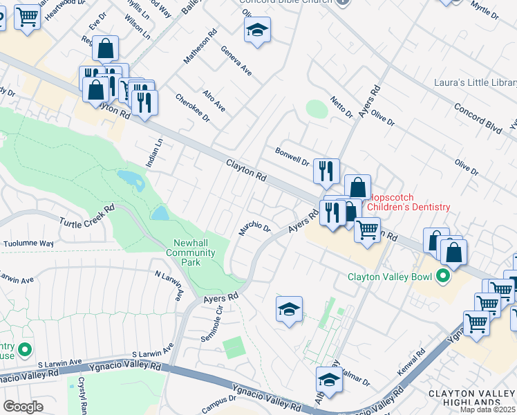 map of restaurants, bars, coffee shops, grocery stores, and more near 5030 Valley Crest Drive in Concord