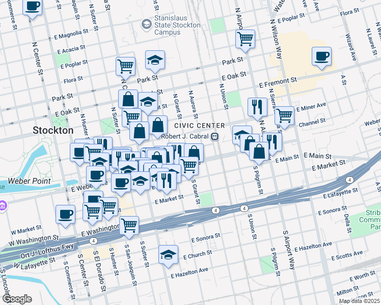 map of restaurants, bars, coffee shops, grocery stores, and more near 144 North Grant Street in Stockton