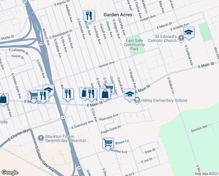 map of restaurants, bars, coffee shops, grocery stores, and more near 952 South Sinclair Avenue in Stockton