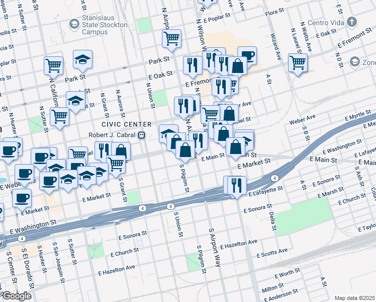 map of restaurants, bars, coffee shops, grocery stores, and more near 1228 E Weber Ave in Stockton