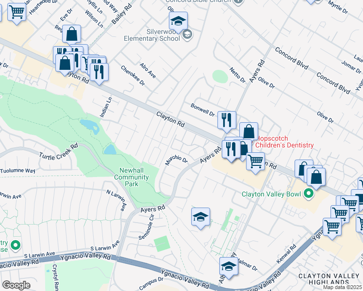 map of restaurants, bars, coffee shops, grocery stores, and more near 5030 Valley Crest Drive in Concord