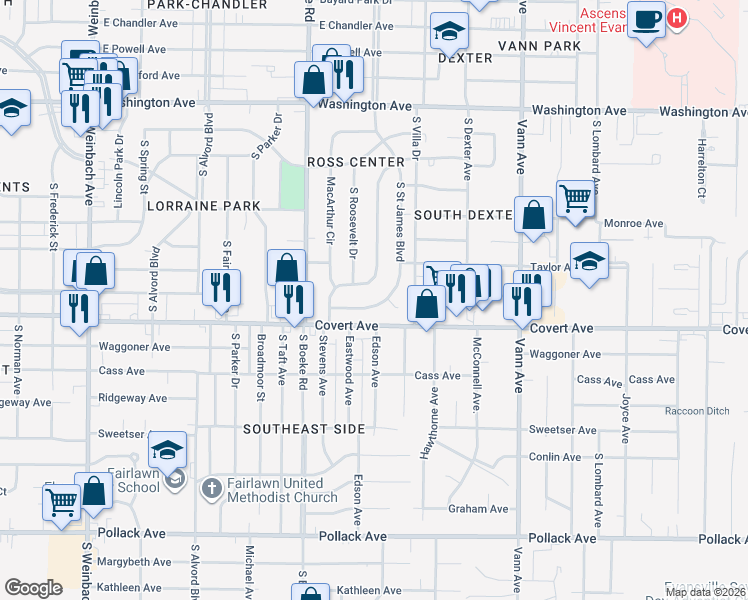 map of restaurants, bars, coffee shops, grocery stores, and more near 2600 Ravenswood Drive in Evansville