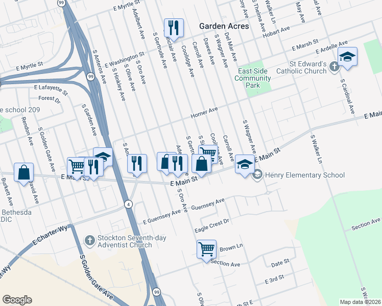 map of restaurants, bars, coffee shops, grocery stores, and more near 939 South Gertrude Avenue in Stockton