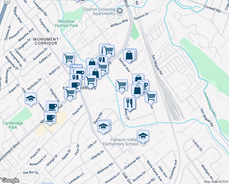 map of restaurants, bars, coffee shops, grocery stores, and more near 2055 Sierra Road in Concord