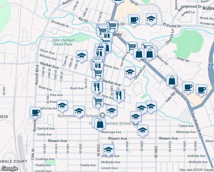 map of restaurants, bars, coffee shops, grocery stores, and more near 1616 Hayes Street in Richmond