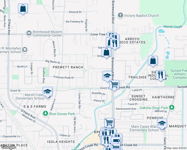 map of restaurants, bars, coffee shops, grocery stores, and more near 222 Brushwood Place in Brentwood