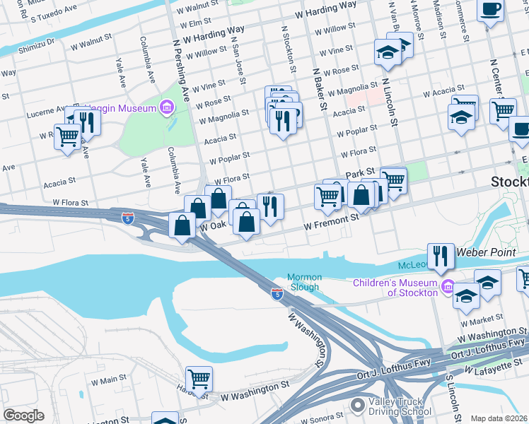 map of restaurants, bars, coffee shops, grocery stores, and more near 1131 West Oak Street in Stockton