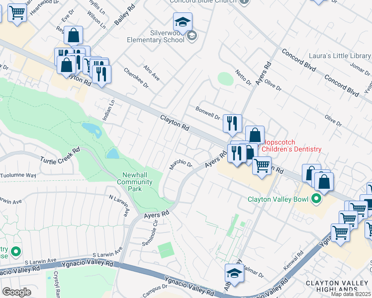map of restaurants, bars, coffee shops, grocery stores, and more near 5030 Valley Crest Drive in Concord