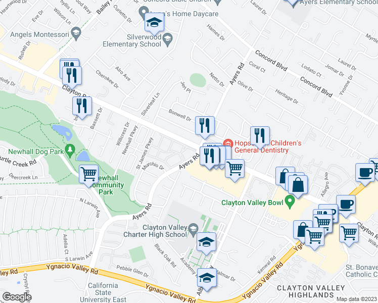 map of restaurants, bars, coffee shops, grocery stores, and more near 5085 Valley Crest Drive in Concord