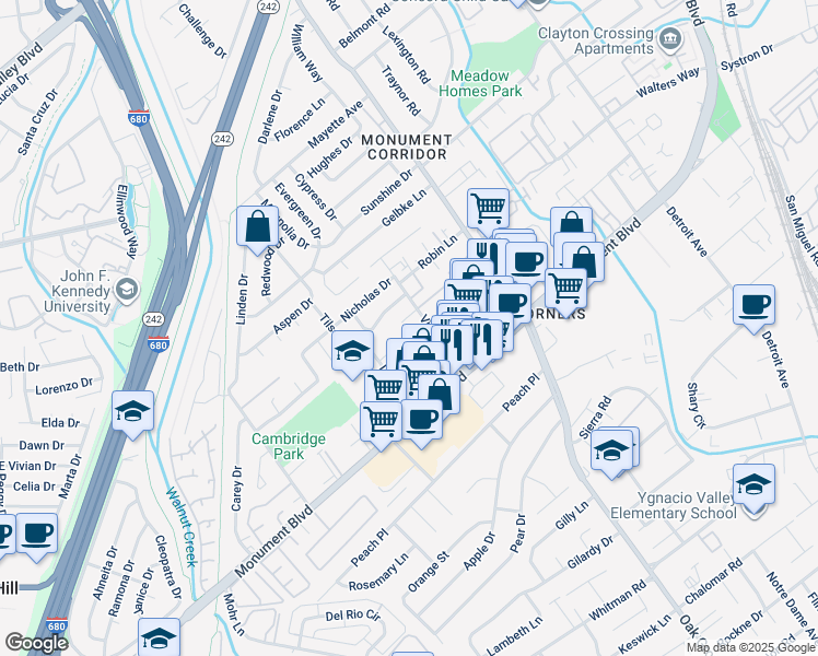 map of restaurants, bars, coffee shops, grocery stores, and more near 1670 Haller Court in Concord