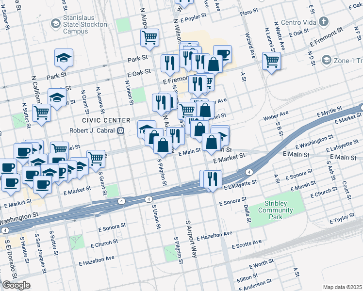 map of restaurants, bars, coffee shops, grocery stores, and more near 15 North Sierra Nevada Street in Stockton