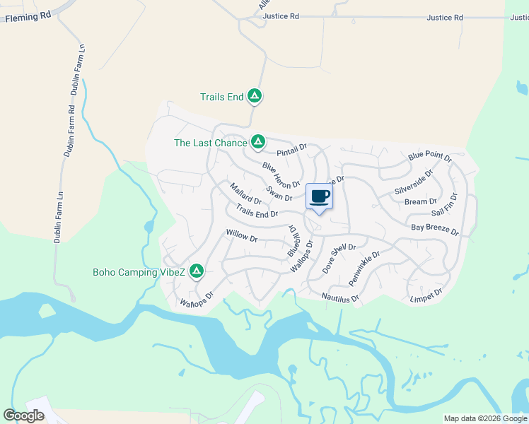 map of restaurants, bars, coffee shops, grocery stores, and more near 5094 Mallard Drive in New Church