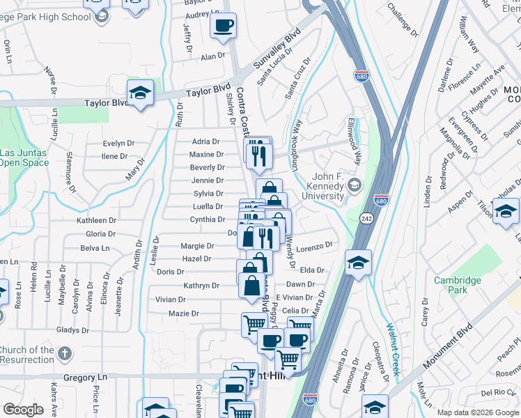 map of restaurants, bars, coffee shops, grocery stores, and more near Contra Costa Blvd & Massolo Dr in Pleasant Hill