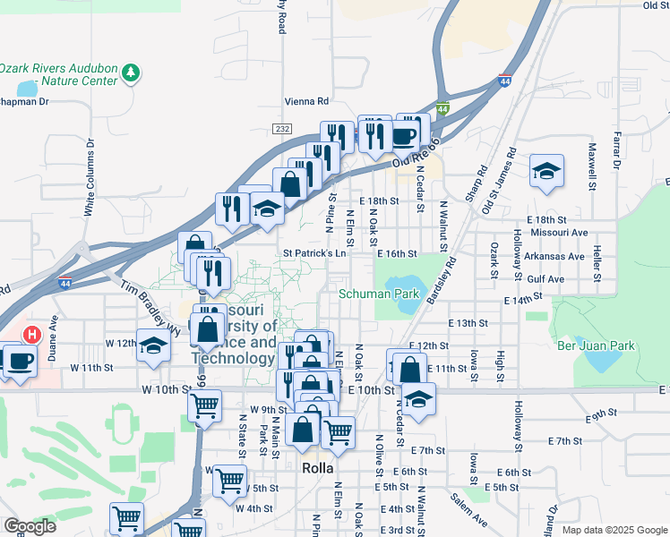 map of restaurants, bars, coffee shops, grocery stores, and more near 1500 North Pine Street in Rolla