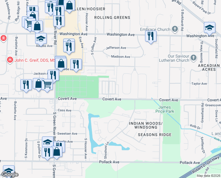 map of restaurants, bars, coffee shops, grocery stores, and more near 1521 Larkinwood in Evansville
