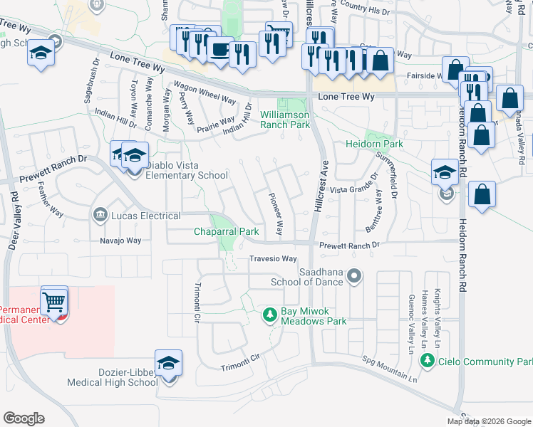 map of restaurants, bars, coffee shops, grocery stores, and more near 5153 Homestead Way in Antioch