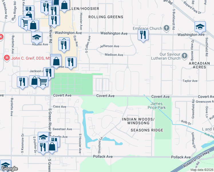 map of restaurants, bars, coffee shops, grocery stores, and more near 1521 Larkinwood in Evansville
