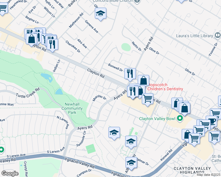 map of restaurants, bars, coffee shops, grocery stores, and more near 5060 Valley Crest Drive in Concord