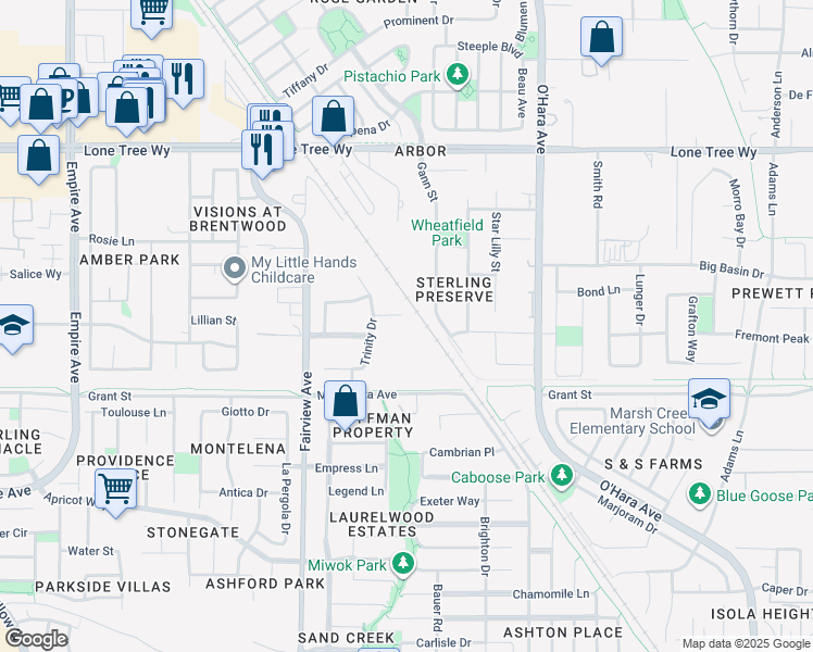 map of restaurants, bars, coffee shops, grocery stores, and more near 1300 Baylaurel Court in Brentwood