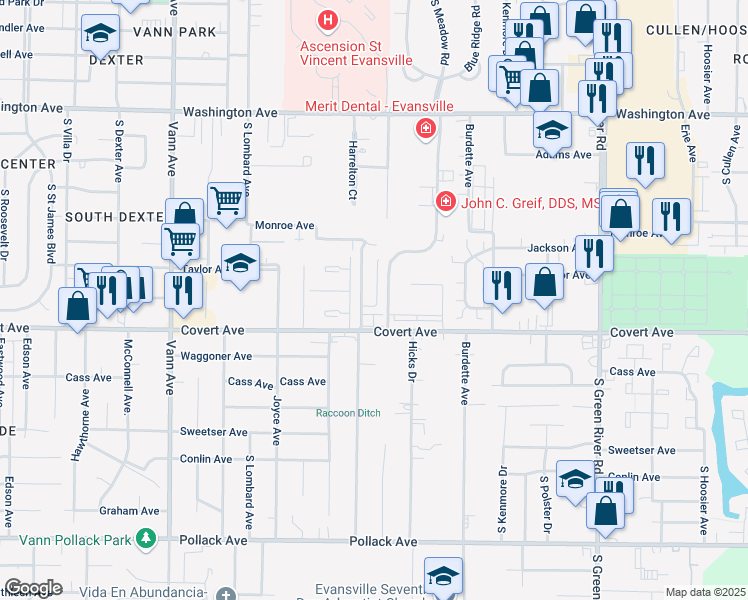 map of restaurants, bars, coffee shops, grocery stores, and more near 1463 Harrelton Drive in Evansville